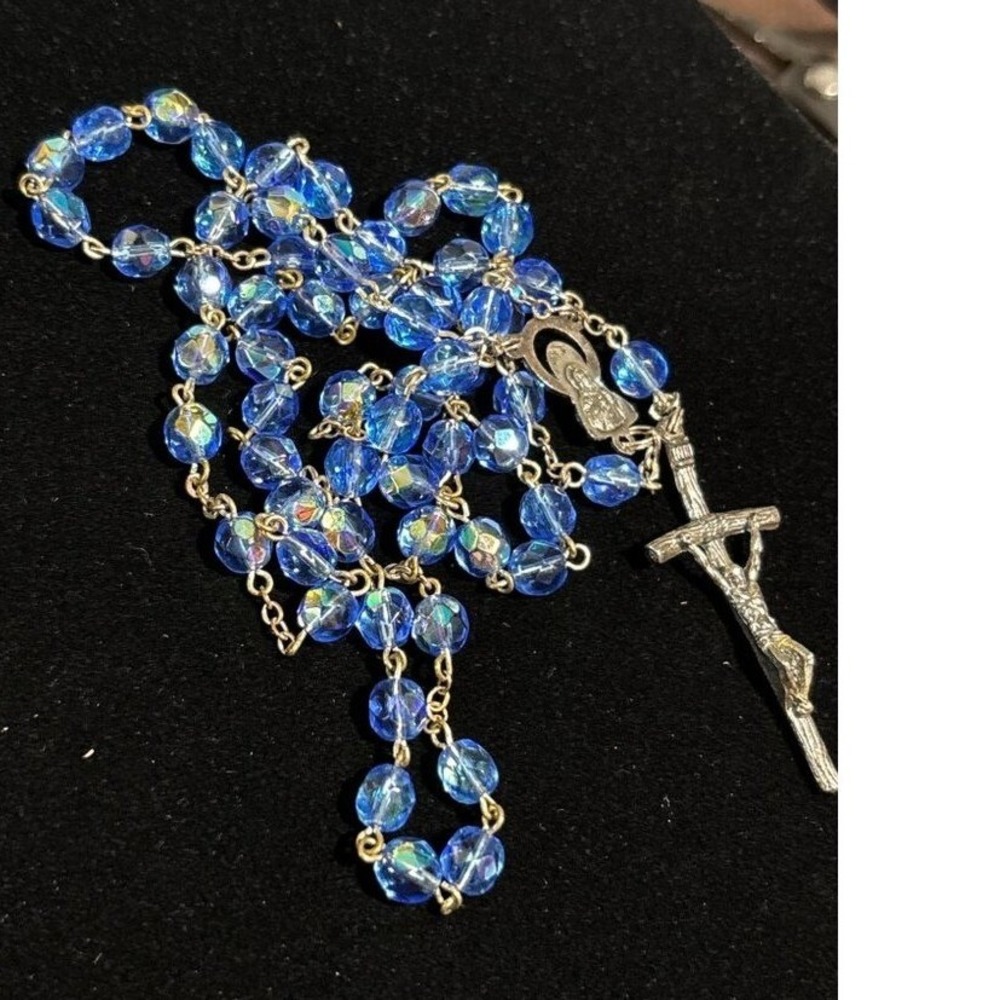 Vintage Rosary With AB Blue Glass Beads & Silver Crucifix‎ Pendant Italy